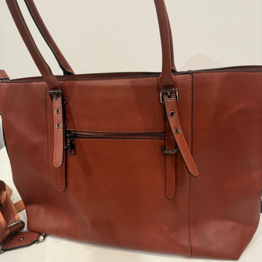 Mosiso Brown Vegan Leather Laptop Tote Bag Work Travel Briefcase Crossbody Strap - Picture 2 of 7